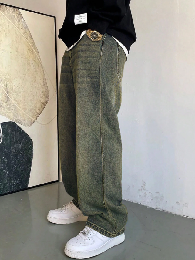 1 pièce Jean droit ample et décontracté pour hommes de style japonais avec lavage déchiré