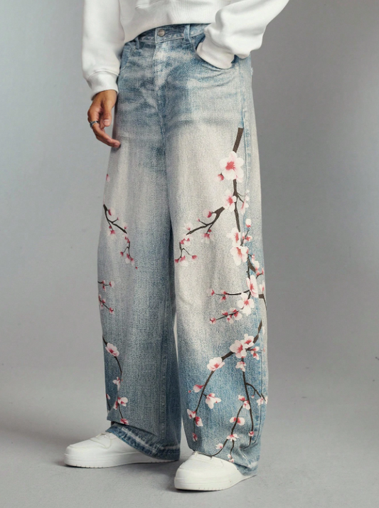 ROMWE MEN Street Life Jeans ample de style de rue pour hommes avec motif de fleurs de prunier
