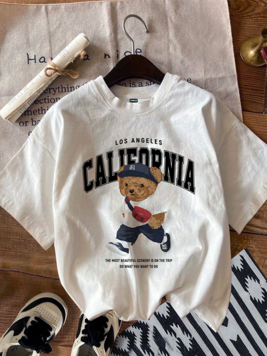 Manfinity Joysei Homme, T-shirt à col rond en tricot blanc, avec graphique de lettre de Californie sur les manches courtes, cadeau pour le petit ami, pour sortir