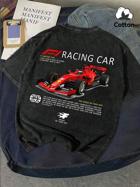 T-shirt col rond à manches courtes pour homme, décontracté pour le travail, imprimé vintage course, lavé