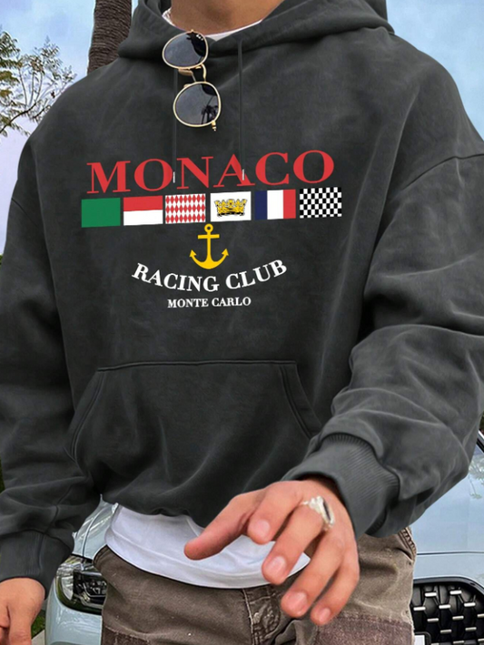 sweat-shirt à capuche gris polyvalent à manches longues pour hommes, style urbain minimaliste, imprimé créatif avec lettrage, décontracté, sport et trajet, doublure thermique